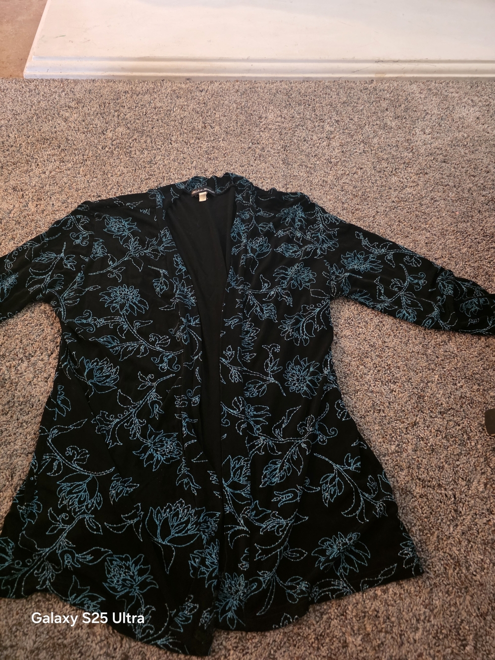 Black Floral-Embroidered Open Front Jacket with Teal Stitching